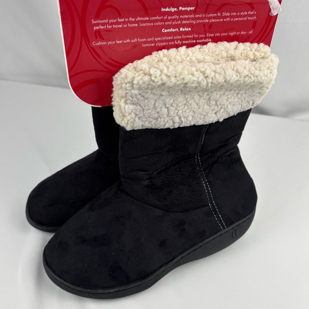 NWT Isotoner Black Ankle Slipper Boots with Cream Color Lining, Size 7.5-8 - Picture 3 of 8